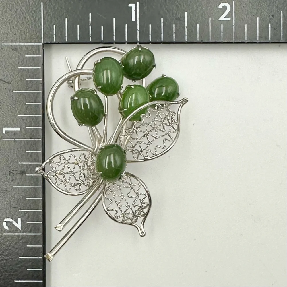 Vintage Genuine Jade Cabochon Leaf Bouquet Brooch Pin